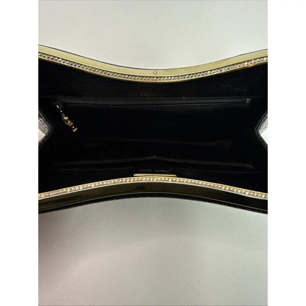 Judith Leiber Black Lizard Snakeskin Leather Rhinestone Clutch Bag Comb Vintage - Picture 14 of 16